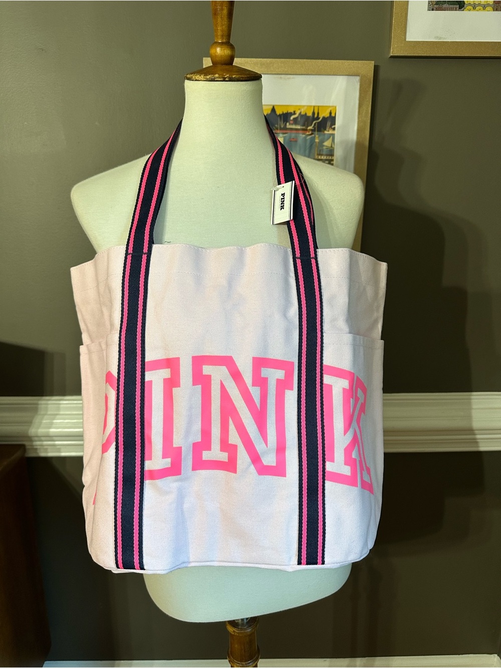 New! PINK Victoria's Secret Light Pink Canvas Tote with Navy & Hot Pink Straps